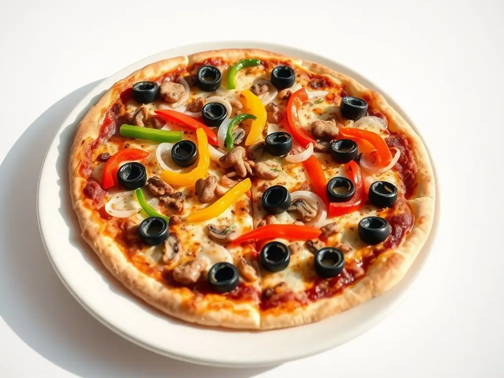 A visually appealing image of a Pizza 73 vegetarian pizza with colorful vegetables like bell peppers, onions, mushrooms, and olives, highlighting its fresh and healthy ingredients.